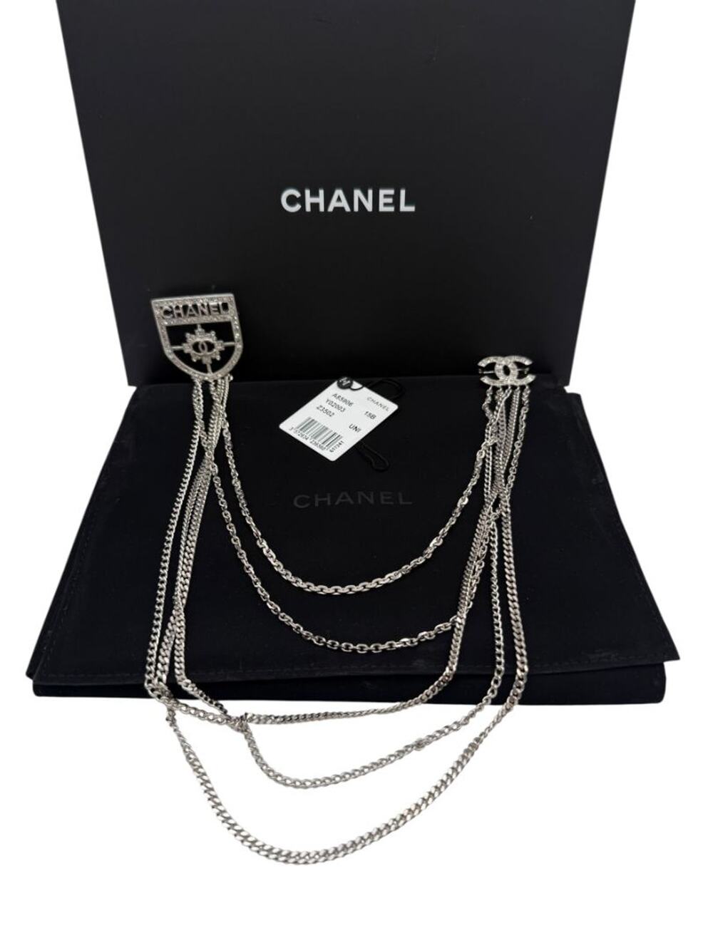 Chanel Baguette Crystal CC Shield Multi-Strand Long Chain Brooch Silver